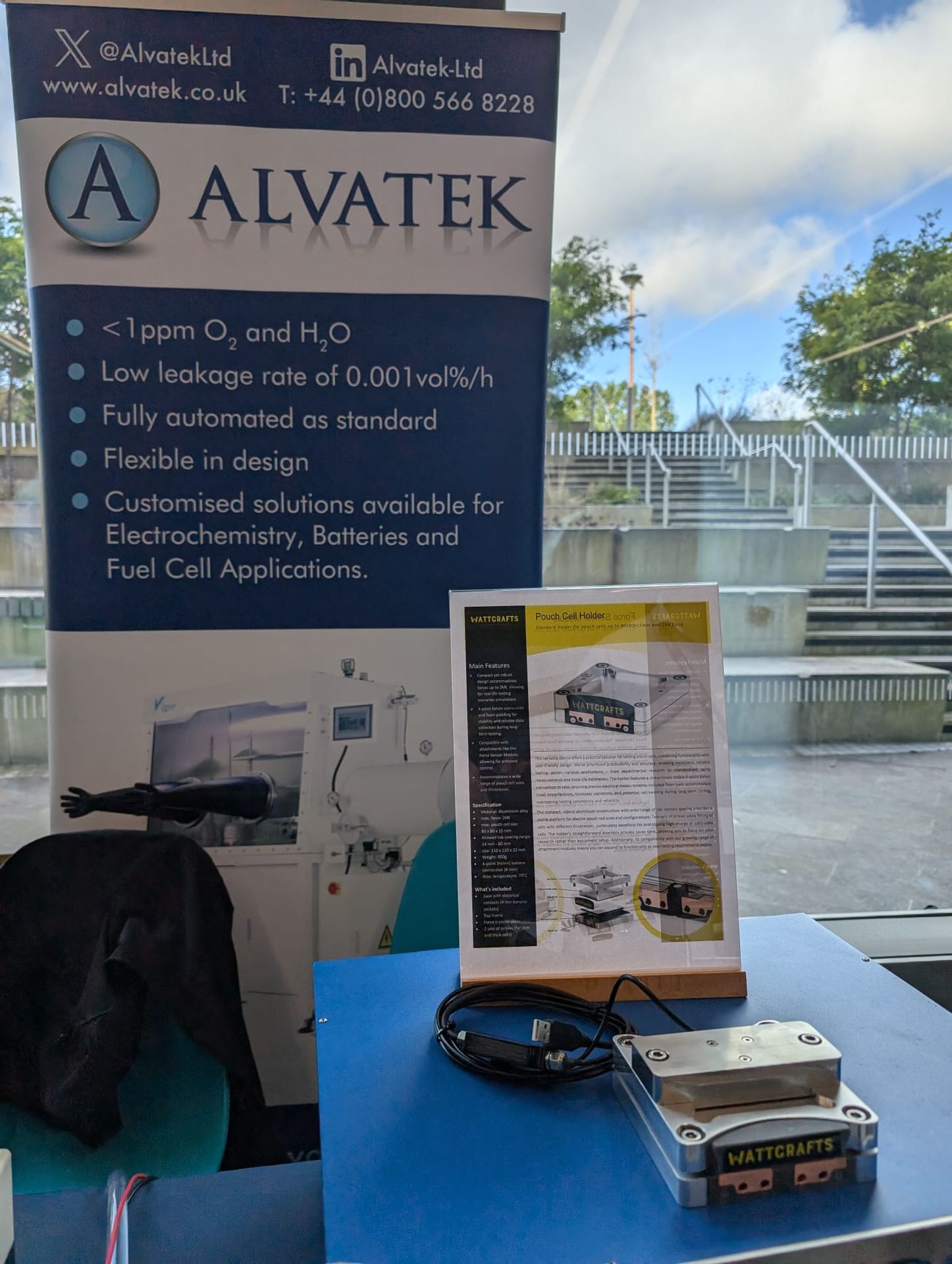 Photo of pouch cell holder on Alvatek's stand